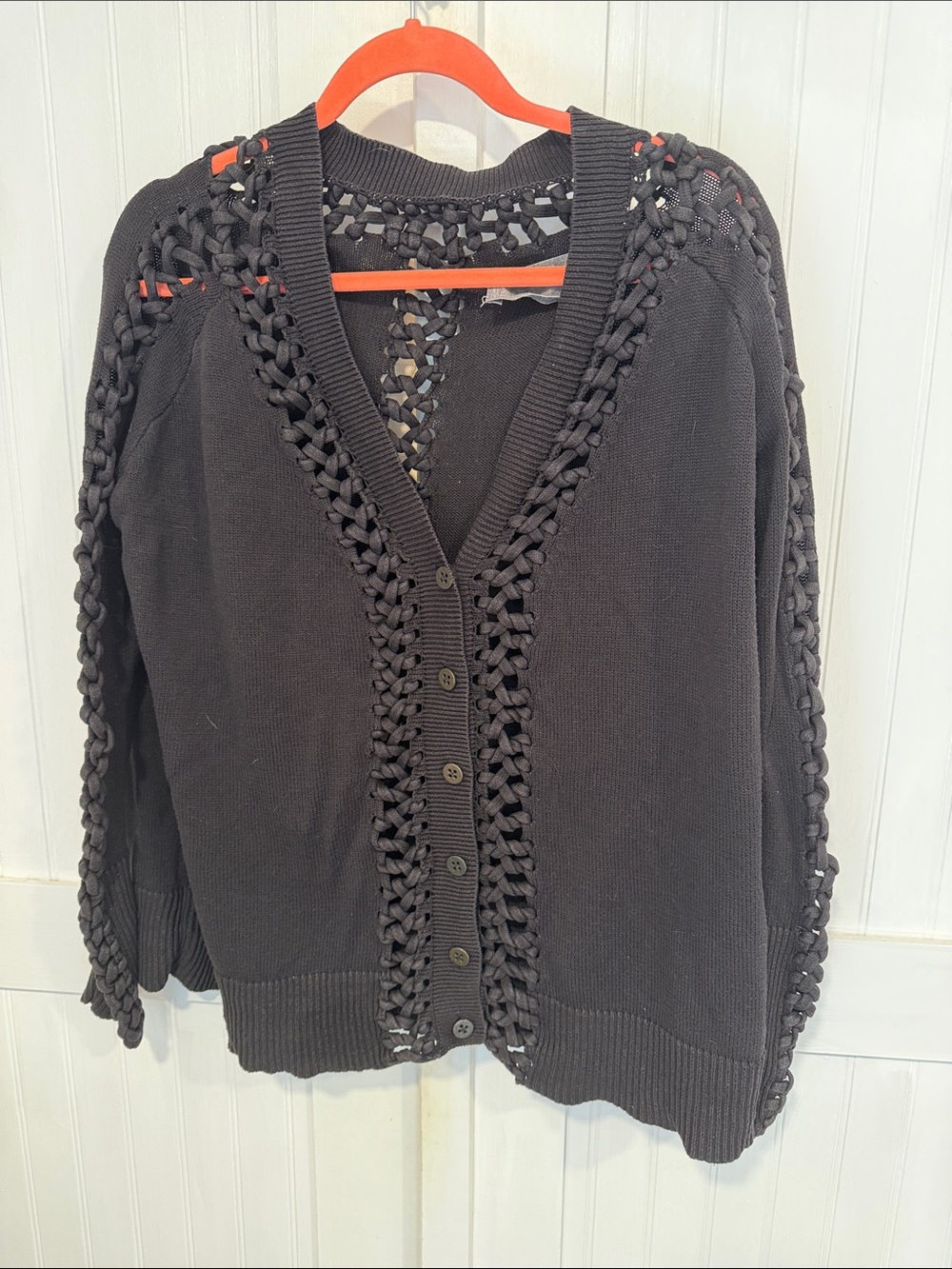 AllSaints Black Crochet-Trim Button, V neck Cardigan Sweater - Women size 10